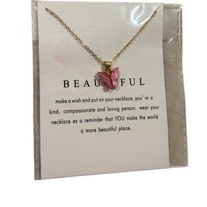 Gold Necklace with Pink Butterfly Pendant